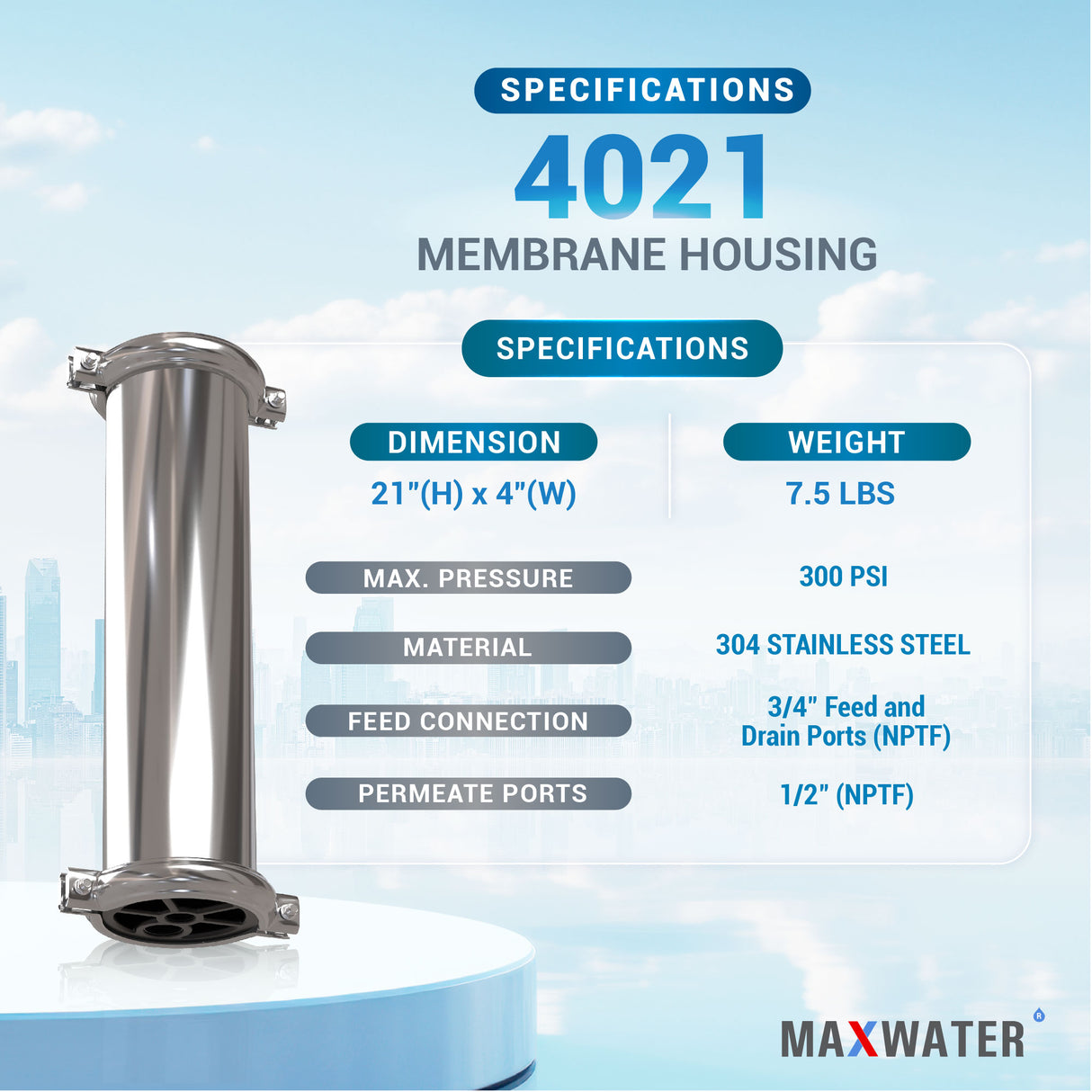 Premium-grade commercial RO membrane housing, 4" x 21", known for its exceptional performance and durability